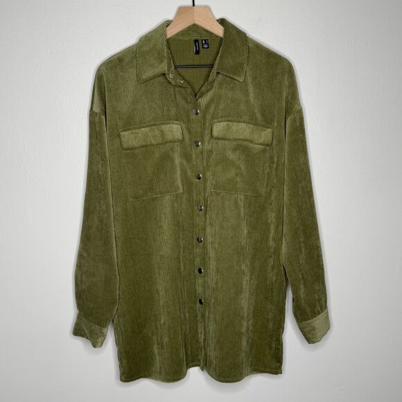 Vero Moda Womens Corduroy Button Up Shirt Small Green Ribbed Oversized Lounge‎ - Picture 1 of 9
